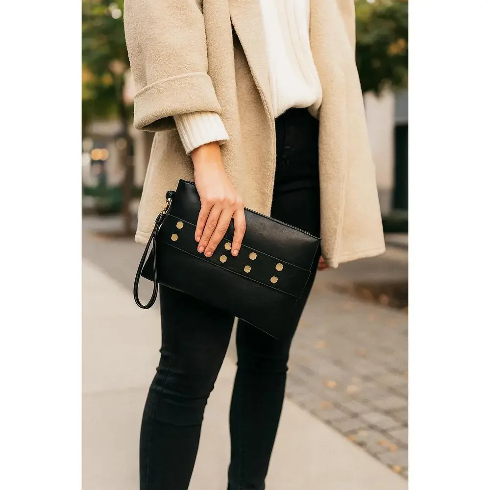 Get Up, Grab It and Go Oversized Studded Wristlet Clutch
